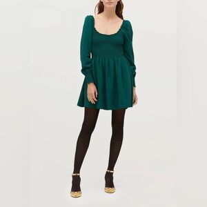Hill House Green Ruched Mini Dress with Bishop Sleeves
